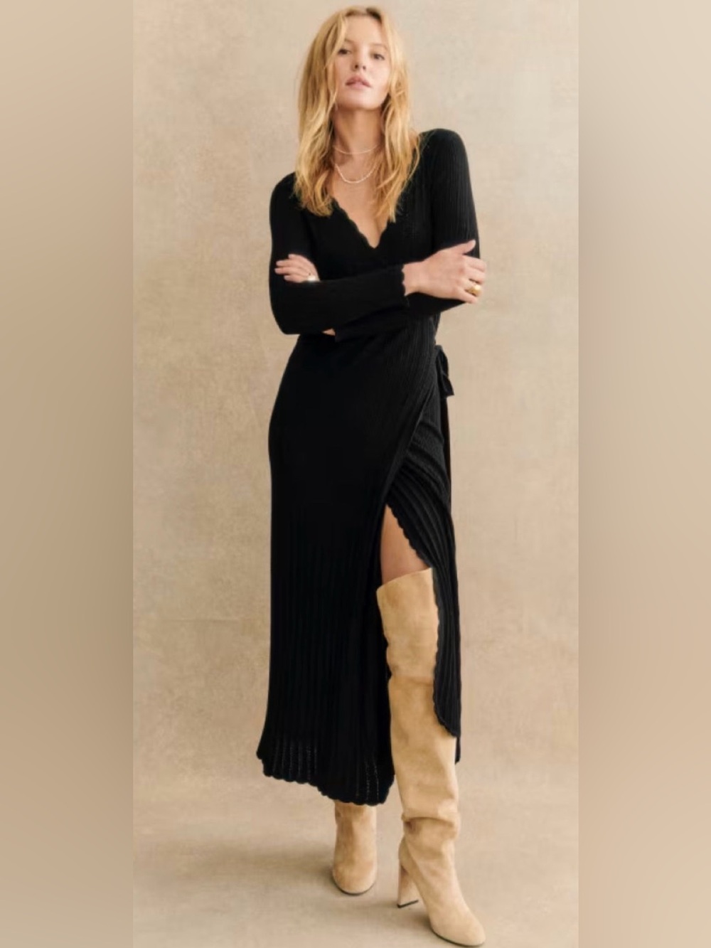 Sezane Black Cecelia Ribbed Wrap Maxi Dress with Side Slit - Size Small